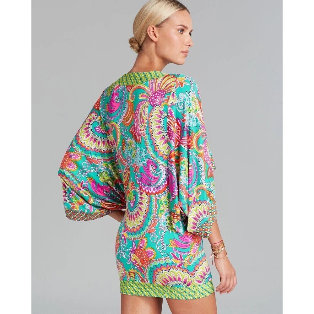 Trina Turk Tunic Top Womens Medium Multicolor Paisley Kimono Sleeve Boho V Neck - Picture 2 of 8